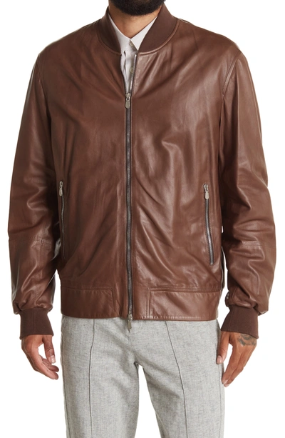 Shop Brunello Cucinelli Leather Bomber Jacket In Brown