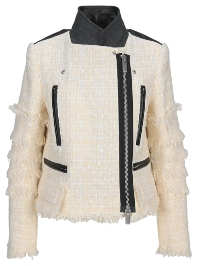 Shop Sacai Padded Tweed Biker Jacket In Off White