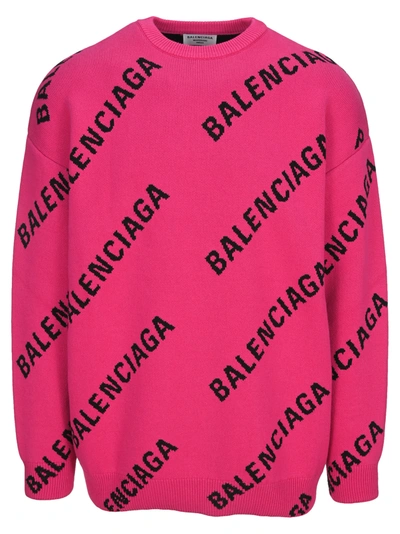 Shop Balenciaga Allover Logo Crewneck In Pink/black