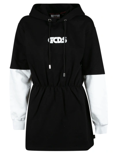 Shop Gcds Logo Print Layered Hooded Dress In Black/white