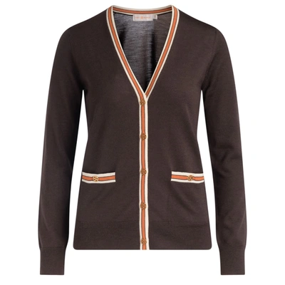 Shop Tory Burch Cardigan In Brown Wool With Contrasting Edges In Marrone