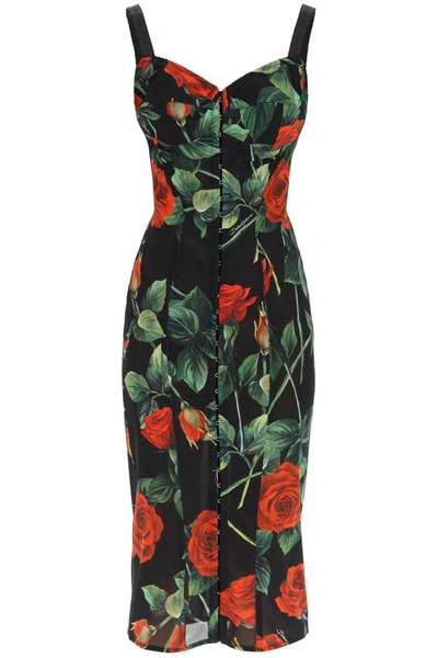 Shop Dolce & Gabbana Bustier Dress With Roses Print In Rose Fdo Nero (black)