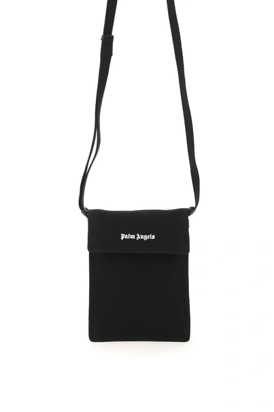 Shop Palm Angels Crossbody Cotton Phone Bag With Logo In Black White (black)