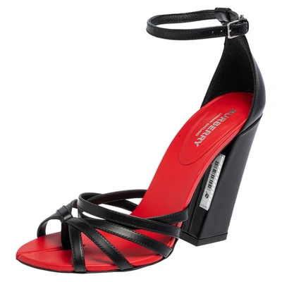 Pre-owned Burberry Black/red Leather Hove Heel Ankle Strap Sandals Size 38