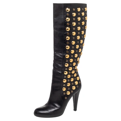 Pre-owned Gucci Black Leather Babouska Studded Knee Length Boots Size 38.5