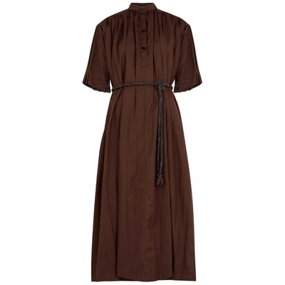 Shop Jil Sander Dark Brown Belted Cotton Midi Dress