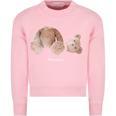 Shop Palm Angels Pink Sweatshirt For Girl With Bear And Logo
