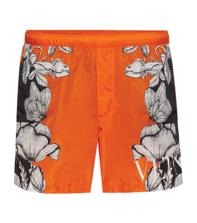 Shop Valentino Dark Blooming Swim Shorts In Orange