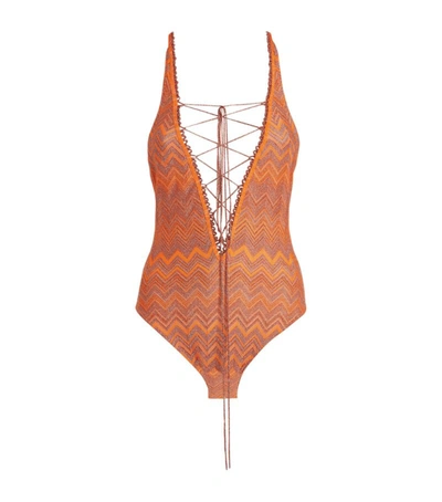Shop Missoni Lace-up Swimsuit In Orange