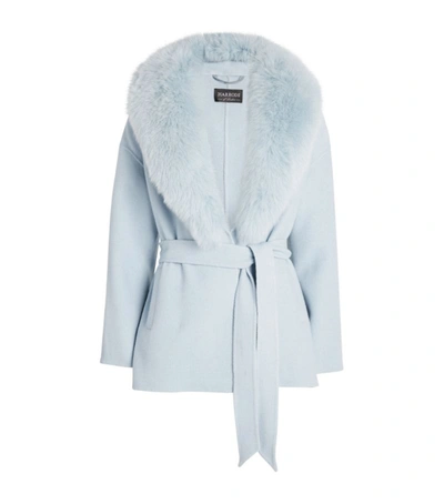 Shop Harrods Of London Jacquie Fur-trim Wrap Jacket In Blue