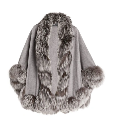 Shop Harrods Of London Cashmere Fox Fur-trim Cape In Grey