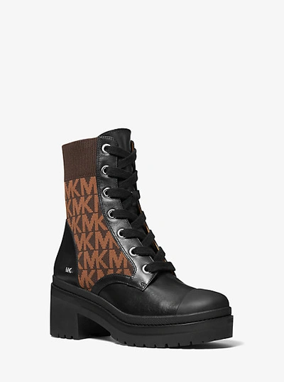 Shop Michael Kors Brea Leather And Logo Jacquard Combat Boot In Brown