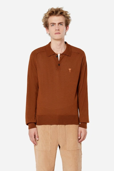 Shop Ami Alexandre Mattiussi Tonal Ami De Coeur Knit Polo In Brown