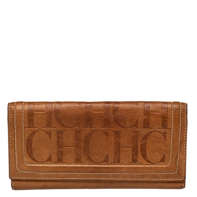Pre-owned Carolina Herrera Brown Monogram Leather Trifold Wallet In Tan