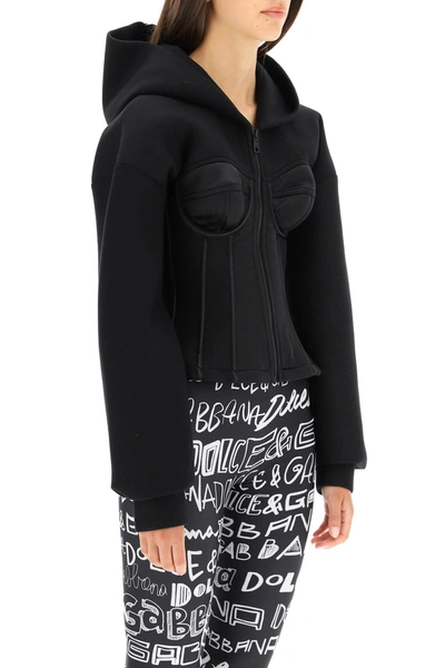 Shop Dolce & Gabbana Bustier Sweatshirt With Hoodie In Black