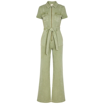 Shop Alice And Olivia Gorgeous Army Green Stretch-denim Jumpsuit In Sage