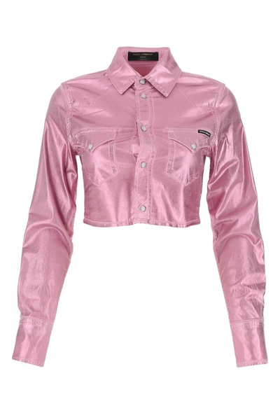 Shop Dolce & Gabbana Cropped Laminated Denim Shirt In Pink