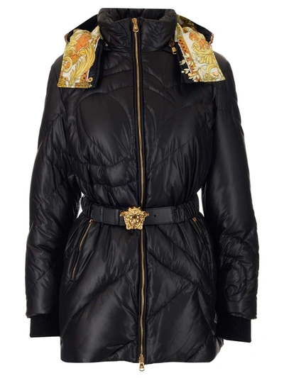 Shop Versace Medusa Belted Down Coat In Black