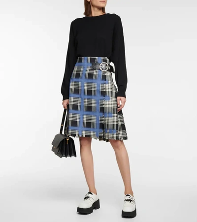 Shop Marni Leather-trimmed Checked Wool Skirt In Blue