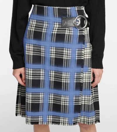 Shop Marni Leather-trimmed Checked Wool Skirt In Blue
