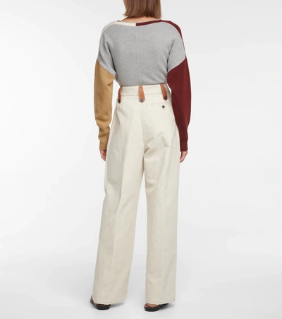 Shop Loewe Cotton And Linen Flared Pants In Neutrals