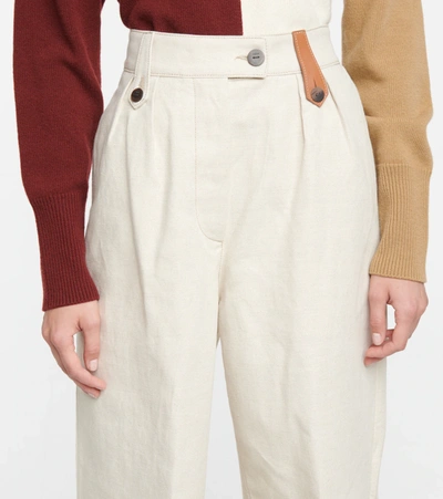 Shop Loewe Cotton And Linen Flared Pants In Neutrals