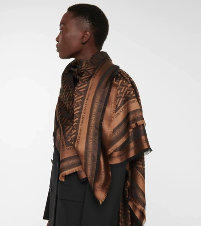 Shop Versace Jacquard Logo Silk And Wool Scarf In Brown