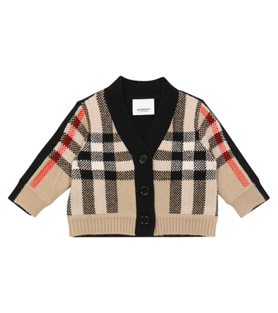 Shop Burberry Baby Checked Wool And Cashmere Cardigan In Beige