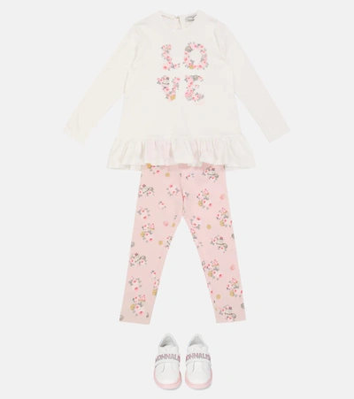 Monnalisa Floral Cotton Top And Leggings Set In Pink