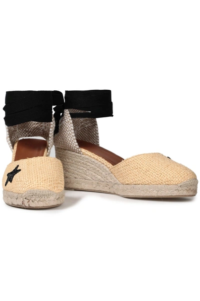 Shop Castaã±er Carina Appliqued Faux Raffia Wedge Espadrilles In Cream