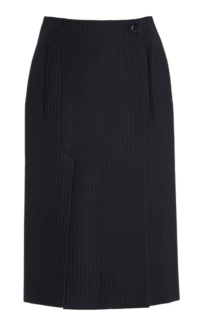 Shop Prada Pinstriped Wool Midi Skirt In Blue