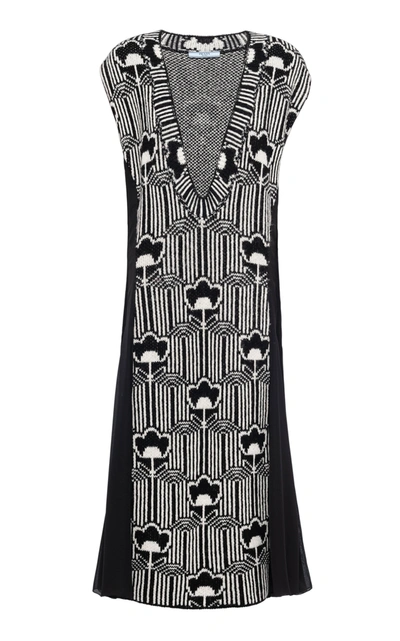 Shop Prada Floral Wool And Crepe Dress In Black,white