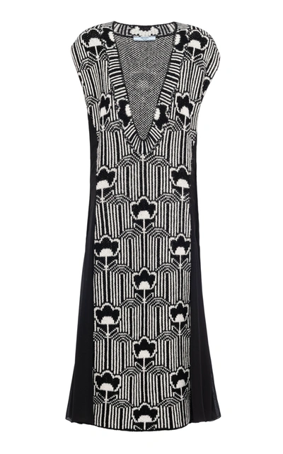 Prada Floral Wool And Crepe Dress In Black,white