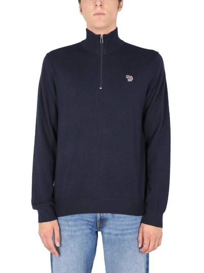 Shop Ps By Paul Smith High Neck Sweater With "zebra" Logo Patch In Blue