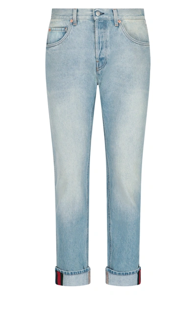 Shop Gucci Web Detail Classic Denim Pants In Blue