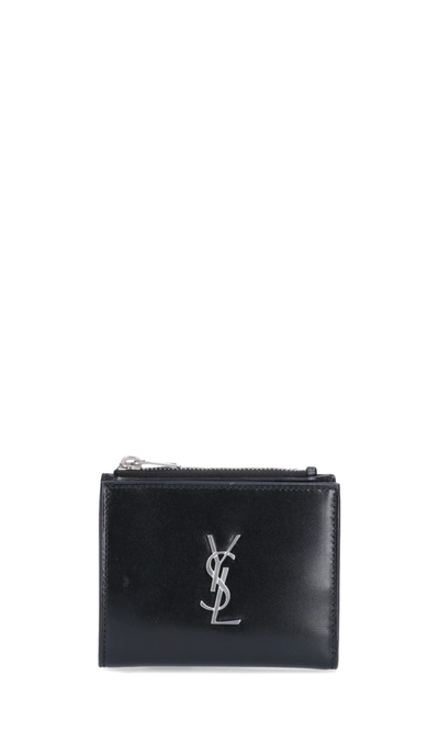 Shop Saint Laurent Zip Logo Card Holder In Black