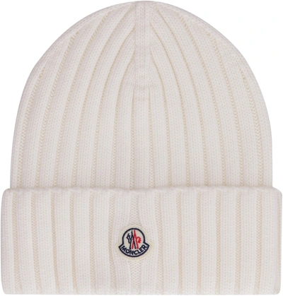 Shop Moncler Logo Patch Ribbed Beanie In White