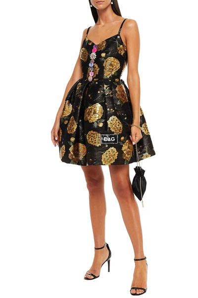 Shop Dolce & Gabbana Pleated Embellished Brocade Mini Dress In Black