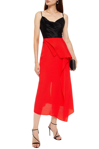 Shop Roland Mouret Courtown Asymmetric Draped Silk-jacquard Midi Skirt In Tomato Red