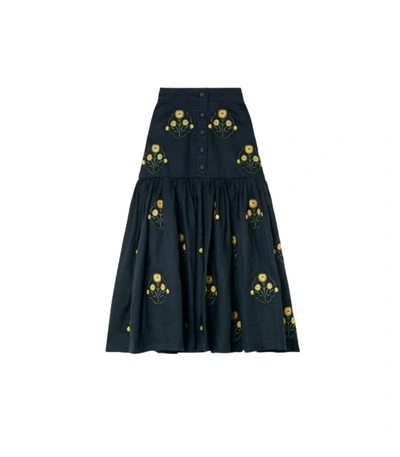 Shop Agua By Agua Bendita Ciruela Tiered Embroidered Skirt In Yellow/navy