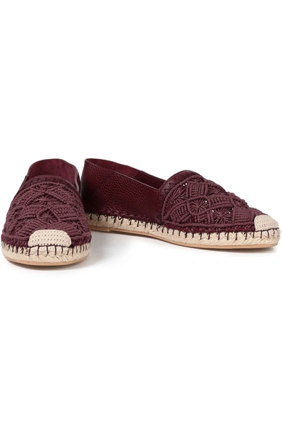 Shop Valentino Macramé-paneled Leather Collapsible-heel Espadrilles In Burgundy