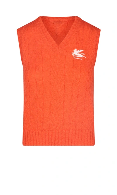 Shop Etro Logo Embroidered Cable Knit Vest In Orange