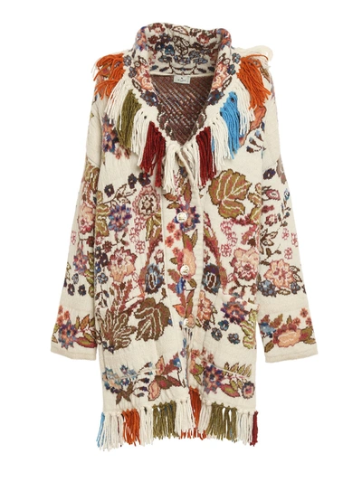 Shop Etro Fringed Floral Knit Cardi In Multi