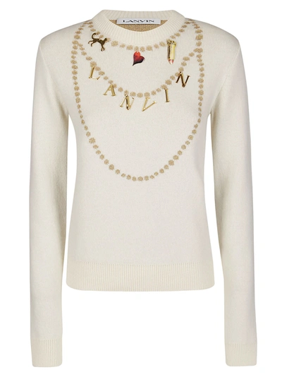 Shop Lanvin Embellished Necklace Intarsia Knit Jumper In White