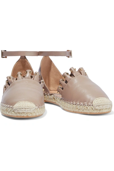 Shop Valentino Studded Ruffled Leather Espadrilles In Neutral