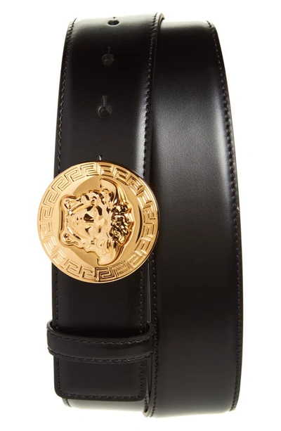 Shop Versace Medusa Head Leather Belt In Black