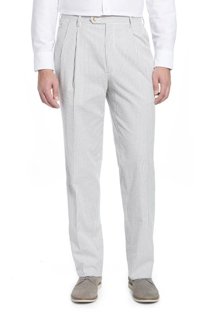 Shop Berle Pleated Seersucker Cotton Dress Pants In Grey
