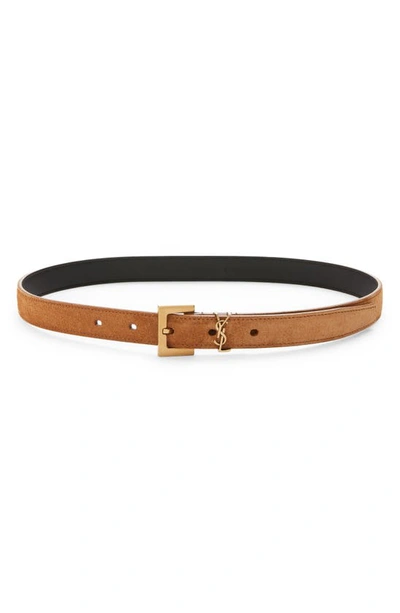 Shop Saint Laurent Ysl Logo Skinny Suede Belt In Naturel Dark