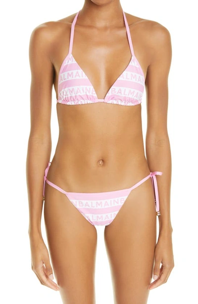 Shop Balmain Logo Stripe Two-piece Swimsuit In White/ Pink