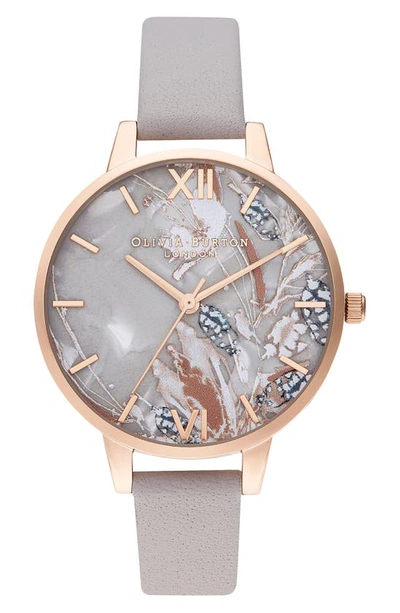 Shop Olivia Burton Abstract Florals Leather Strap Watch, 34mm In Grey Lilac/ Floral/ Rose Gold
